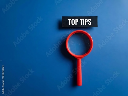 Red magnifying glass on blue background with tips sign