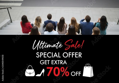 People sitting on stairs looking down at sale advertisement group