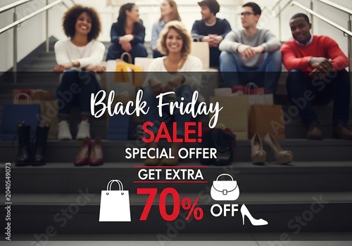 People sitting on staircase with black friday sale advertisement