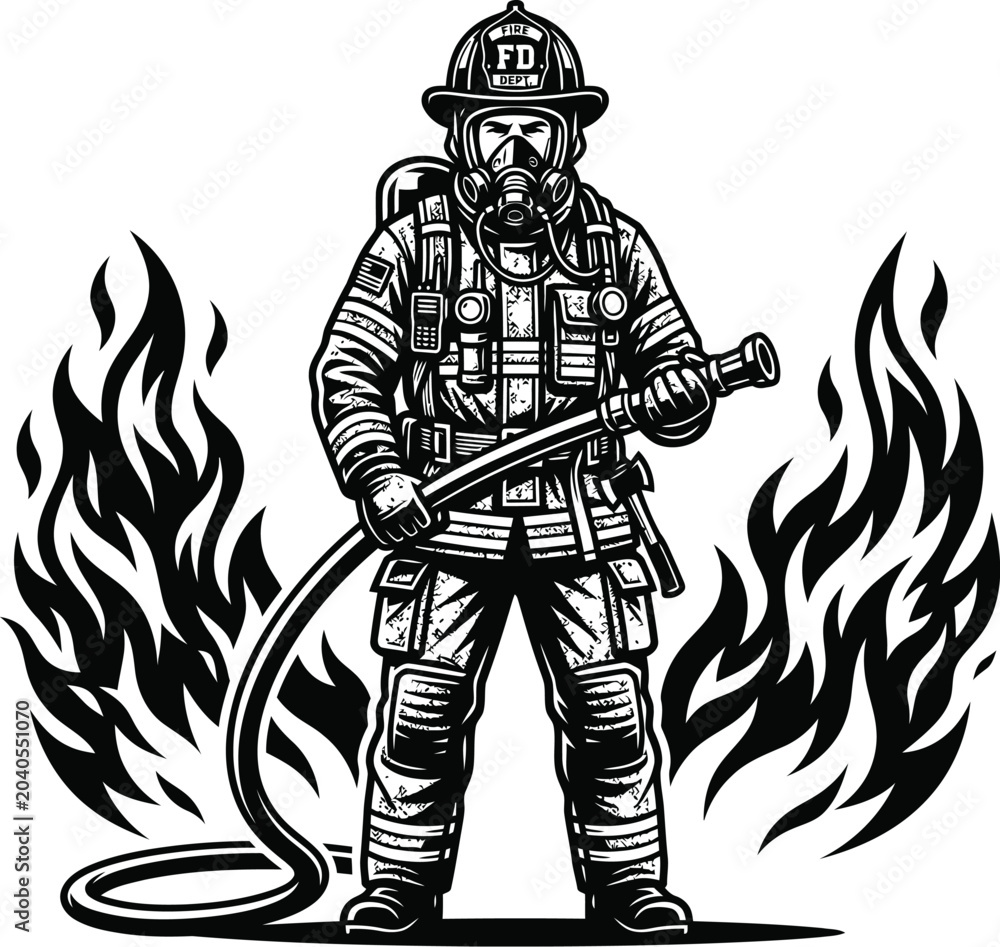 Fototapeta premium Firefighter With Hose And Flames Black And White Vector Illustration