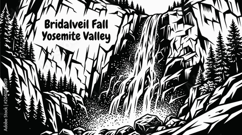 Tablou pe pânză bridalveil fall waterfall cascading through yosemite valley mountain landscape v