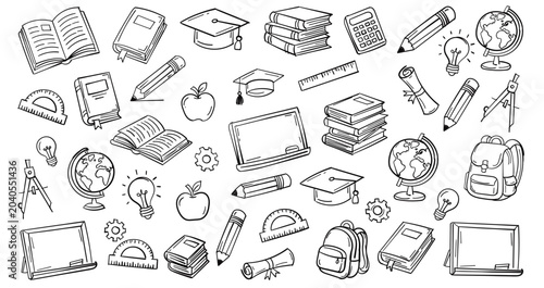 Photos A collection of hand drawn doodle icons representing various school supplies and