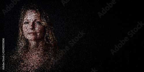 Digital ID Portrait of Woman with Face made up of Computer code. Data sovereignty Concept with copy-space.