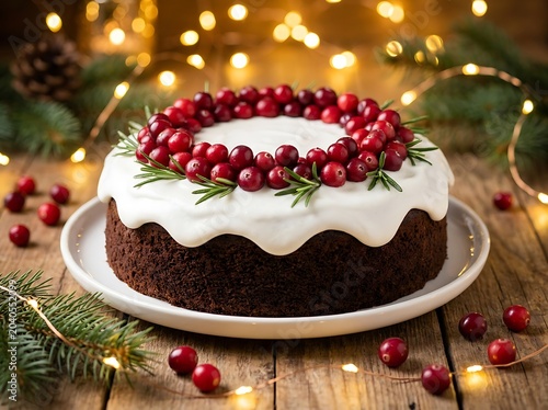 Mocha christmas cake with white icing and cranberries on