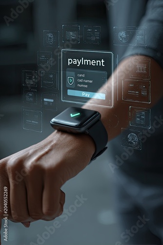 Smartwatch Payment Technology with Futuristic Holographic Interface.