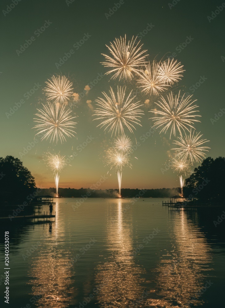 Obraz premium Golden fireworks bursting over a calm lake at night with water reflections for summer holiday celebrations, waterfront event promotion and travel advertisements