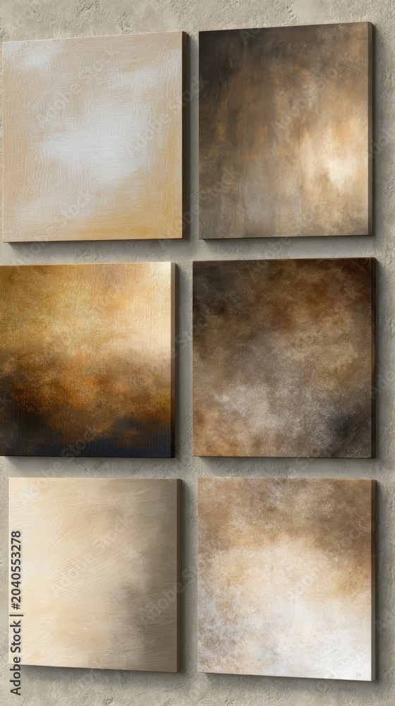 Fototapeta premium Abstract textured wall art panels in muted tones.