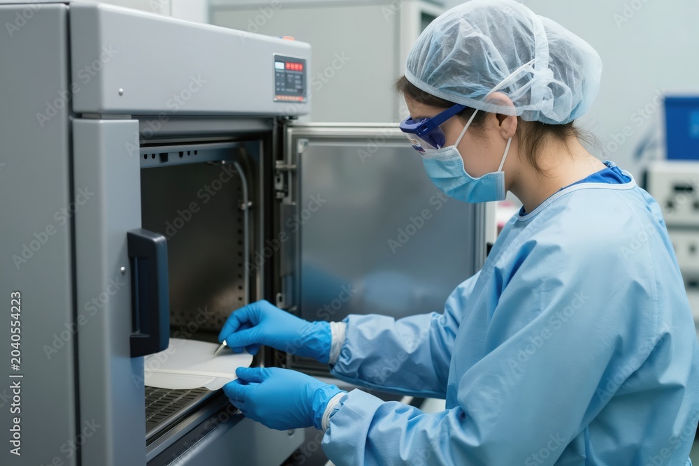 Naklejka premium Scientist in protective gear places material into autoclave. Woman works in lab doing sterile procedures. Pro research clean research equipment.