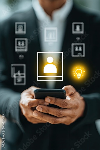 Man Using Smartphone with Digital Icons Representing User Profile and Ideas.