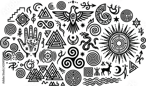Foto Ancient Symbols And Geometric Shapes Black And White Vector Illustration