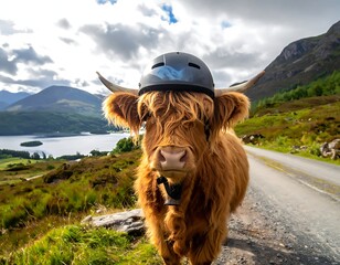 A brown cow wearing a helmet stands on a road
