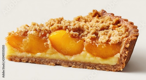 Delicious Slice of Peach Crumble Tart with Custard Filling.