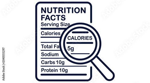 Magnifying glass on nutrition facts label highlighting calories vector