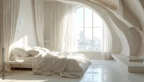 Obraz Modern, bright bedroom with a bed, table, window and curved architectural features. Gentle light and shadows