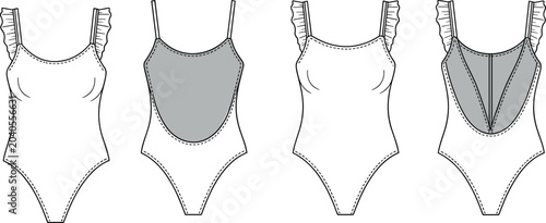 Art & IllustrationVector fashion technical sketch of a women's scoop neck swimsuit with ruffle frill straps and low open back in front and back views. (23 words)