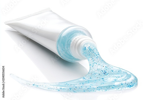 A tube of toothpaste with blue gel toothpaste squeezed out onto a white surface.