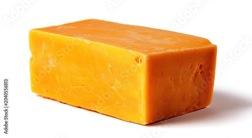 A Solid Block of Vibrant Orange Cheddar Cheese Isolated on White.
