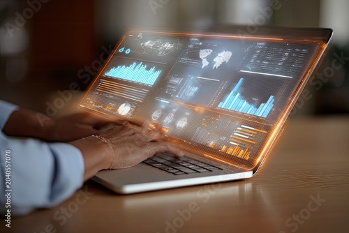Futuristic Laptop Displaying Dynamic Data Analytics and Global Trends.