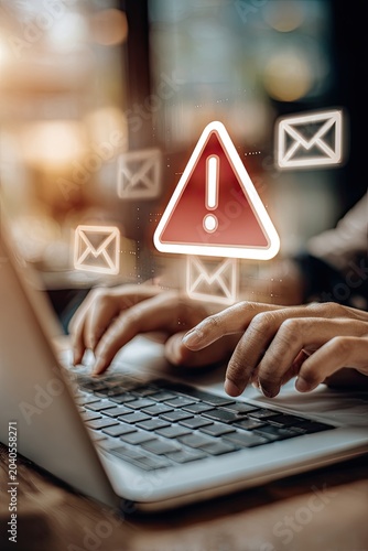 Cybersecurity Alert - Warning Symbol Over Person Typing on Laptop.