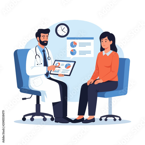 Flat vector illustration of a male doctor in a white coat showing health data on a digital tablet to a female patient during a medical consultation in a clinic office setting.