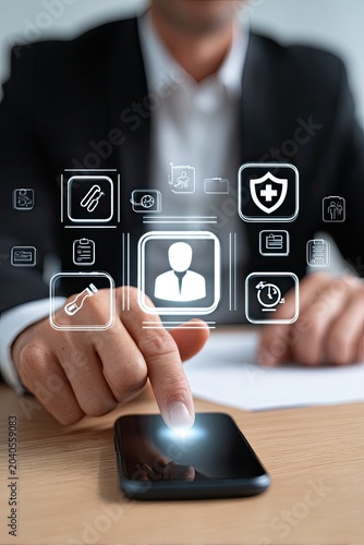 Man Interacting with Futuristic Digital Interface Displaying User Profile and Icons.