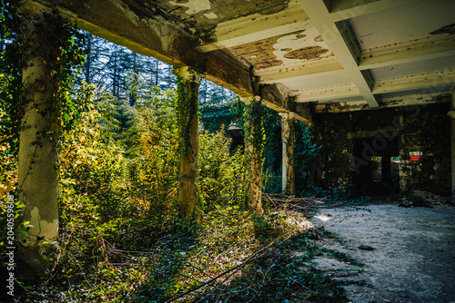 Tableau sur toile Overgrown corridor of abandoned Soviet Bathhouse #5 in Tskaltubo, Georgia, where nature slowly reclaims the once-grand spa