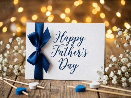 Happy Fathers Day Card with Blue Ribbon and Flowers.