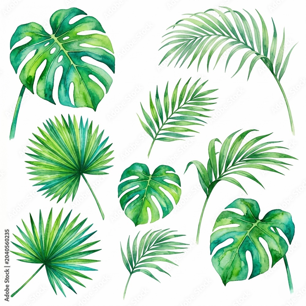 Obraz premium Watercolor Tropical Leaves and Monstera Collection