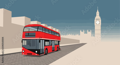 A classic red double-decker bus travels down a city street towards the iconic Big Ben tower in London under a clear sky