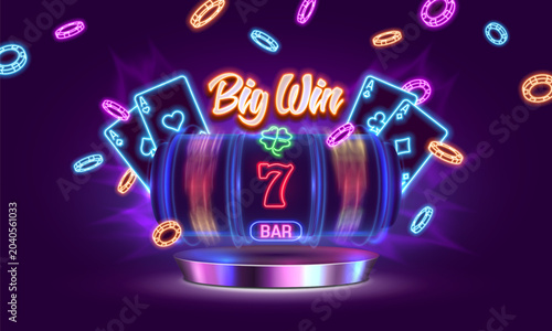 Neon Casino banner with slot machine, playing cards and chips. Big win concept for casino with bright glowing elements. Vector illustration.