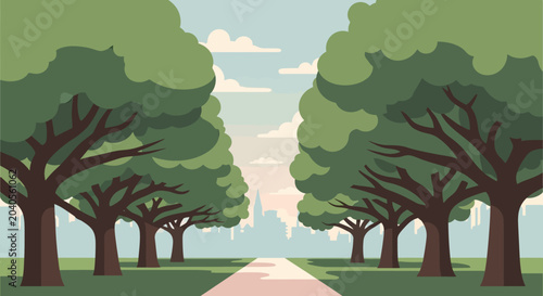 A stylized perspective of a symmetrical park pathway lined with mature green trees leading towards a distant cityscape under a pastel sky with clouds