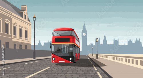 A classic red double-decker bus drives down a cobblestone street towards iconic London landmarks under a clear daytime sky