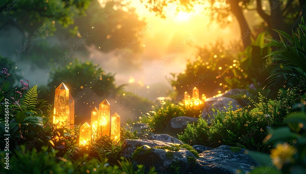 Fototapeta premium Tranquil Meditation Garden with Luminous Crystals at Dawn