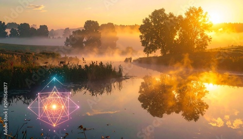 Sacred Geometric Sunrise Landscape with Glowing Fog