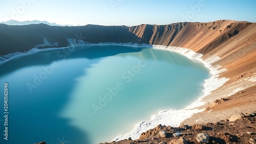 Calm volcanic crater lake with milky blue water and white deposits.