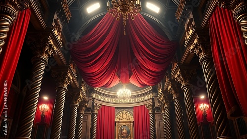 The interior of a Baroque church altar with a grand crimson silk canopy.
