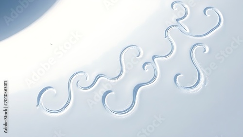 Crescent-shaped impressions forming a rhythmic, curving path in fresh snow, aerial view.