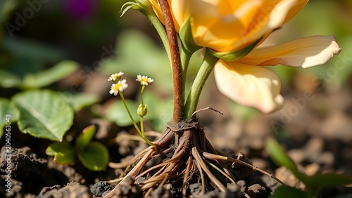 Close-up of a wildflower's roots subtly entwined with a neighboring rose stem.