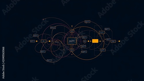 An elegant flowchart of interlocking colored lines and geometric shapes.