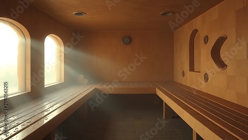 Roman steam room interior with marble benches and atmospheric haze.