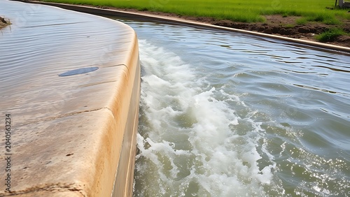 A concrete irrigation channel with smooth, fast-flowing water under natural daylight.
