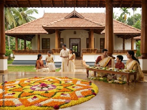Indian family celebrating traditional onam festival at home