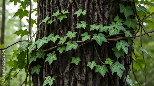 Vine tightly strangling a tree trunk with deep bark grooves and withering leaves.