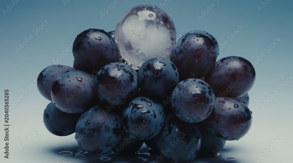 Fototapeta premium Close-up of dark grapes with water drops. Round ice sphere sits atop cluster. Fruit appears fresh and cold against light blue backdrop. This image conveys sense of refreshment and purity.