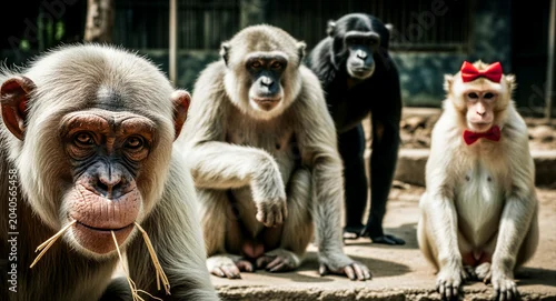 Obraz Group of various monkeys and chimpanzees sitting together outdoors. One monkey in the foreground chews on straw while another wears red bowties. Funny animal concept for wildlife humor marketing.