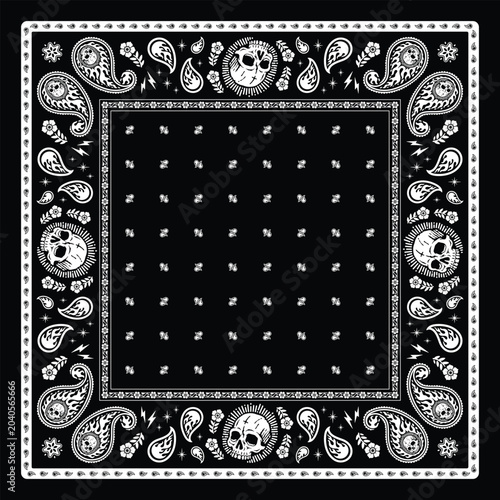 Black and white bandana artwork featuring flaming skull paisley elements, ornamental floral borders, and traditional streetwear tattoo-inspired patterns