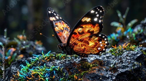 Fantasy Painted Lady butterfly with amber glass wings refracting light in vibrant orange patterns