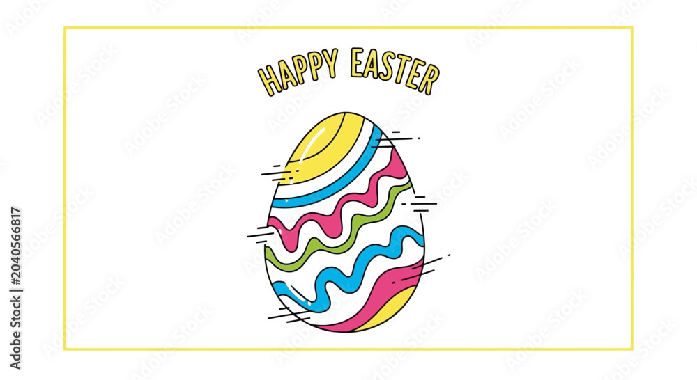 Naklejka premium Happy Easter Egg with Colorful Wavy Stripes and Yellow Border