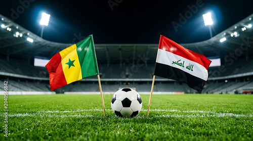 Senegal vs Iraq, national flags before world championship. Football World Cup Match.