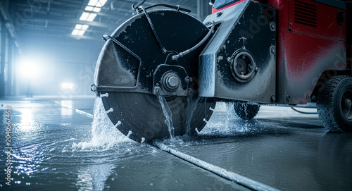 Industrial concrete saw cutting a warehouse floor. Powerful circular blade with water cooling system in action. Construction renovation concept, ideal for industrial maintenance marketing.